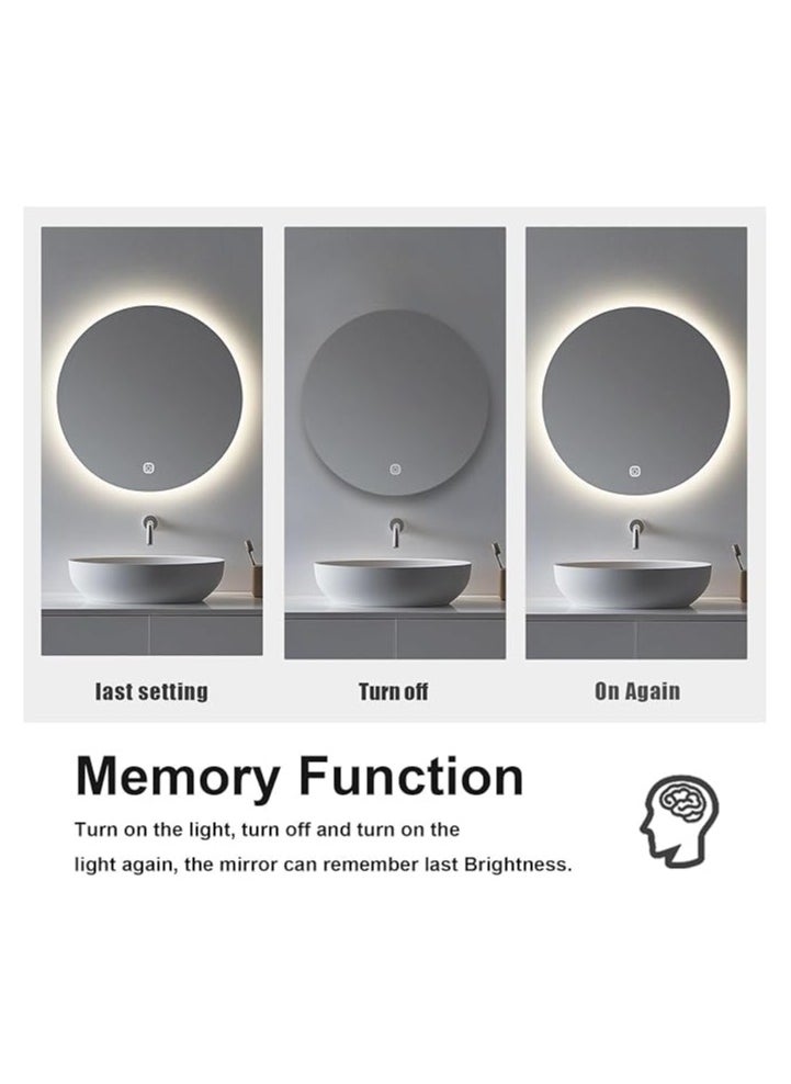 Round Bathroom Mirror with LED Lights Illuminated Wall Mounted Mirror with 3 Colors Anti-Fog Stepless Dimmable circle backlit Smart Makeup Mirror 60*60 without frame