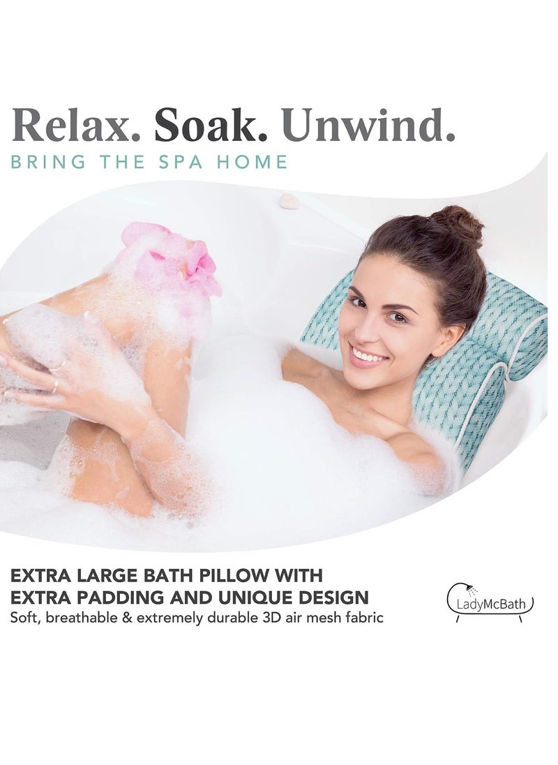 Lady McBath Bath Pillow - Luxury Bath Pillows for Tub Neck and Back Support - Powerful Suction Cups, Machine Washable Bathtub Accessory for Relaxation (Turquoise)