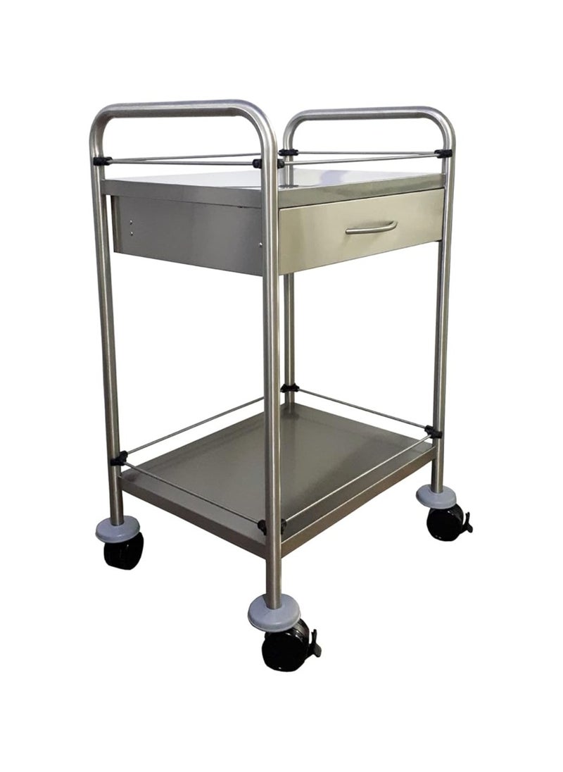 Dressing Trolley/ Instrument Trolley With Single Drawer, Stainless Steel, 2 Shelves, Silver