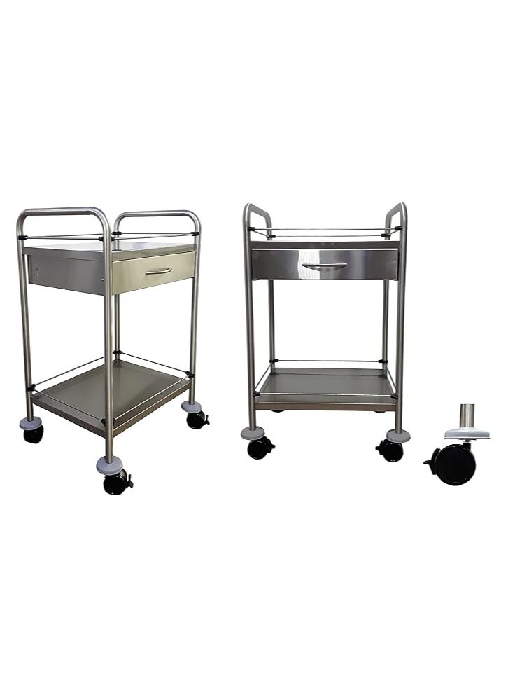 Dressing Trolley/ Instrument Trolley With Single Drawer, Stainless Steel, 2 Shelves, Silver