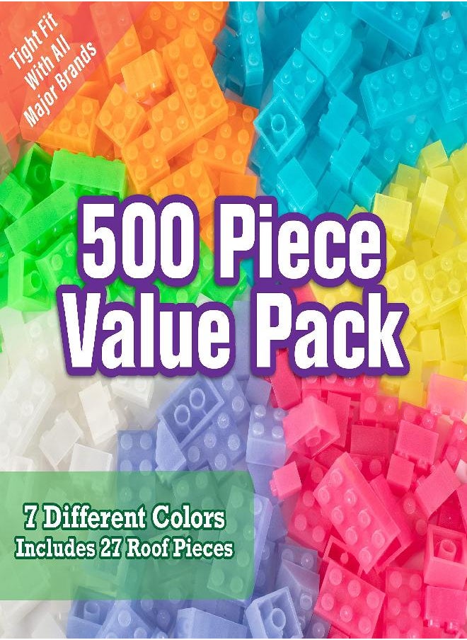 SCS Direct Building Block Bricks- Set of 500 Pc Bulk- 7 Glow in The Dark Colors with 27 Roof Pieces - Compatible and Tight Fit with Major Brands- Great for Activity Table, Creativity & School Projects