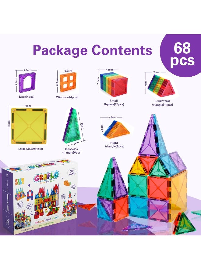 GRAFLO Magnetic Building Tiles  68 Pcs Set of Vibrant 3D Blocks, Encourages Creative Construction, Promotes Educational Brain Development, Stimulates Imagination, STEM Toy for Kids 3+ Years