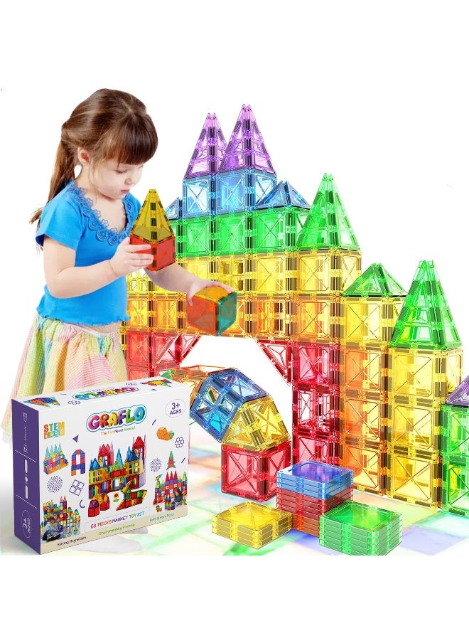 GRAFLO Magnetic Building Tiles  68 Pcs Set of Vibrant 3D Blocks, Encourages Creative Construction, Promotes Educational Brain Development, Stimulates Imagination, STEM Toy for Kids 3+ Years