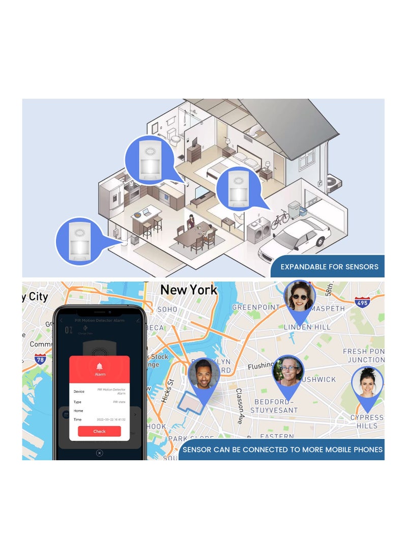Upgraded Indoor Smart WiFi Motion Sensor Alarm with Siren, Phone App, Alert History, and Scheduled Times - Infrared Motion Detector for Home and Garage, Compatible with 2.4G WiFi Only.