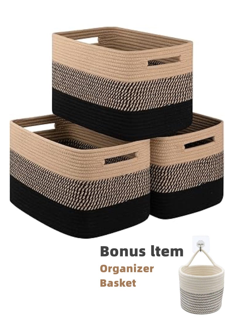 Storage Basket for Organizing, Woven Baskets for Storage, Hand-stitched，Rectangle Decorative Baskets for Shleves, Closet, Toys, Books, Towel Baskets for Bathroom - Pack of 3  (Black u0026 Brown)