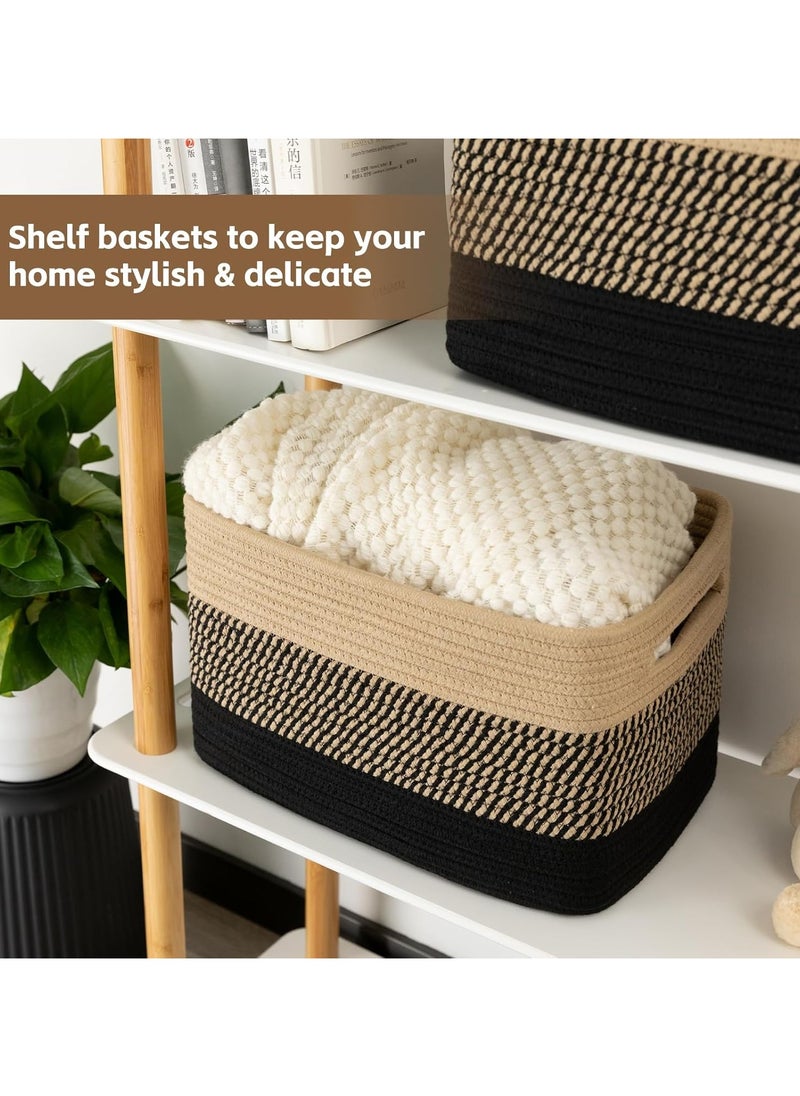 Storage Basket for Organizing, Woven Baskets for Storage, Hand-stitched，Rectangle Decorative Baskets for Shleves, Closet, Toys, Books, Towel Baskets for Bathroom - Pack of 3  (Black u0026 Brown)