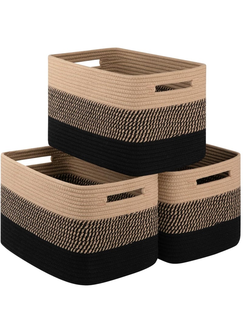 Storage Basket for Organizing, Woven Baskets for Storage, Hand-stitched，Rectangle Decorative Baskets for Shleves, Closet, Toys, Books, Towel Baskets for Bathroom - Pack of 3  (Black u0026 Brown)