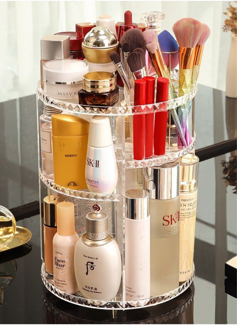 360° Rotating Cosmetic Make up Organizer Acrylic Spinning Countertop Holder with Adjustable Shelves Storage for Lipstick Perfume and Jewelry Tray