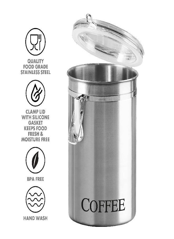 OGGI Stainless Steel Canister 62oz - Airtight Clamp Lid, Clear See-Thru Top - Ideal for Coffee Bean/Ground Coffee /Kitchen/ Pantry Storage. Large Size 5