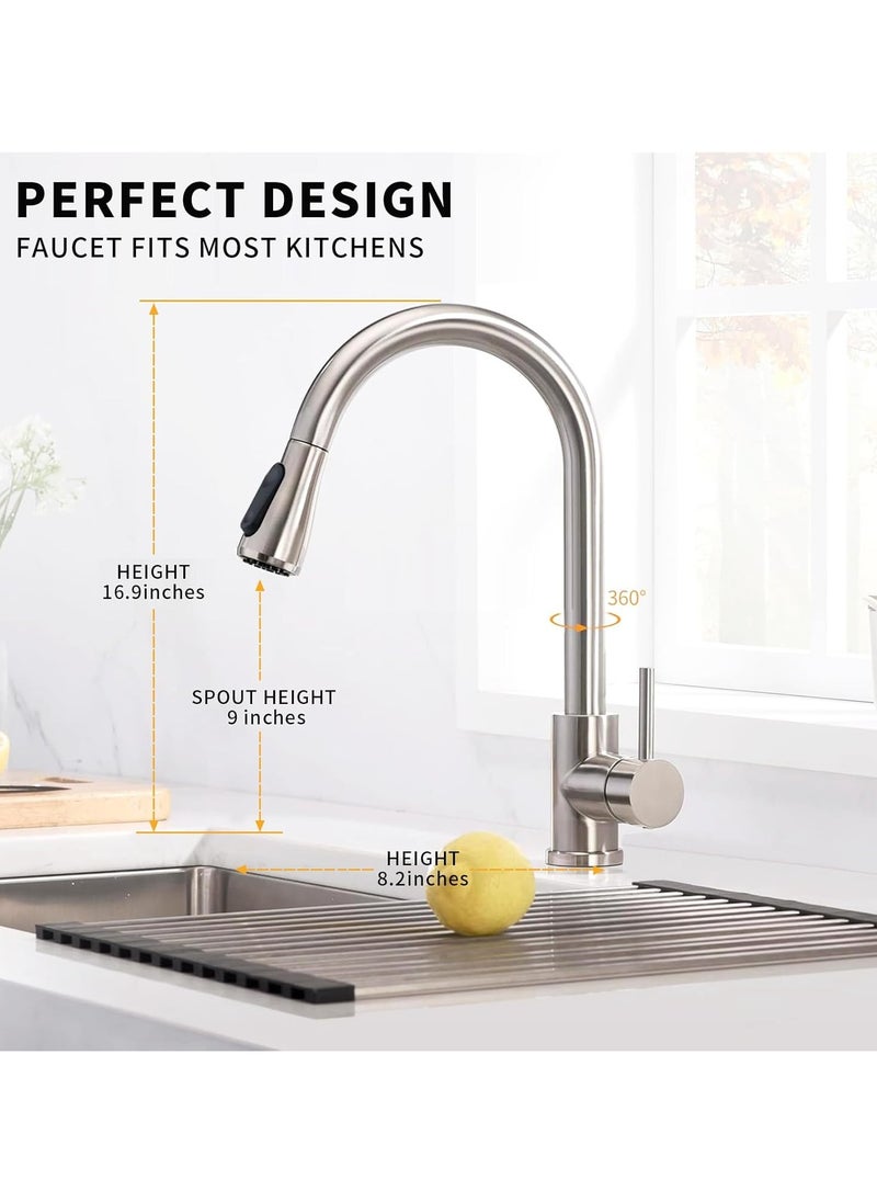 Kitchen Faucet,Kitchen Tap Faucet Mixer with Pull Down Sprayer, Hot and Cold Kitchen Sink Mixer with 2 Modes, Stainless Steel Modern Single Handle High Arc Faucet Mixer for Sink