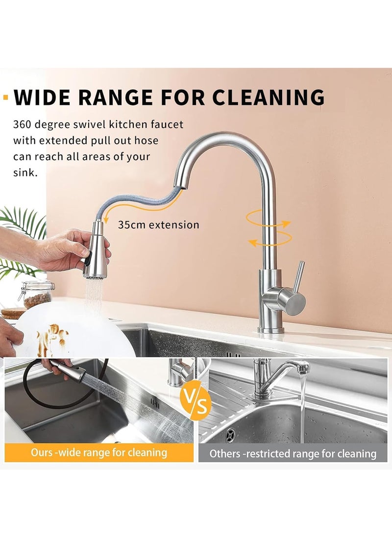 Kitchen Faucet,Kitchen Tap Faucet Mixer with Pull Down Sprayer, Hot and Cold Kitchen Sink Mixer with 2 Modes, Stainless Steel Modern Single Handle High Arc Faucet Mixer for Sink