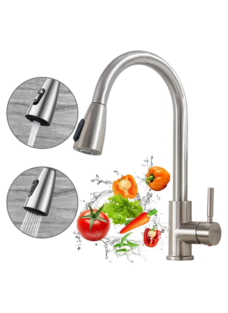 Kitchen Faucet,Kitchen Tap Faucet Mixer with Pull Down Sprayer, Hot and Cold Kitchen Sink Mixer with 2 Modes, Stainless Steel Modern Single Handle High Arc Faucet Mixer for Sink