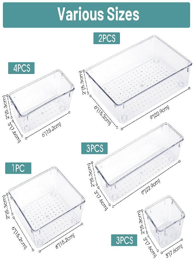 WOWBOX 13 PCS Clear Plastic Drawer Organizer Set, 5 Sizes Desk Drawer Divider Organizers and Storage Bins for Makeup, Jewelry, Gadgets for Kitchen, Bedroom, Bathroom, Office