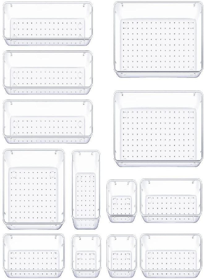 WOWBOX 13 PCS Clear Plastic Drawer Organizer Set, 5 Sizes Desk Drawer Divider Organizers and Storage Bins for Makeup, Jewelry, Gadgets for Kitchen, Bedroom, Bathroom, Office