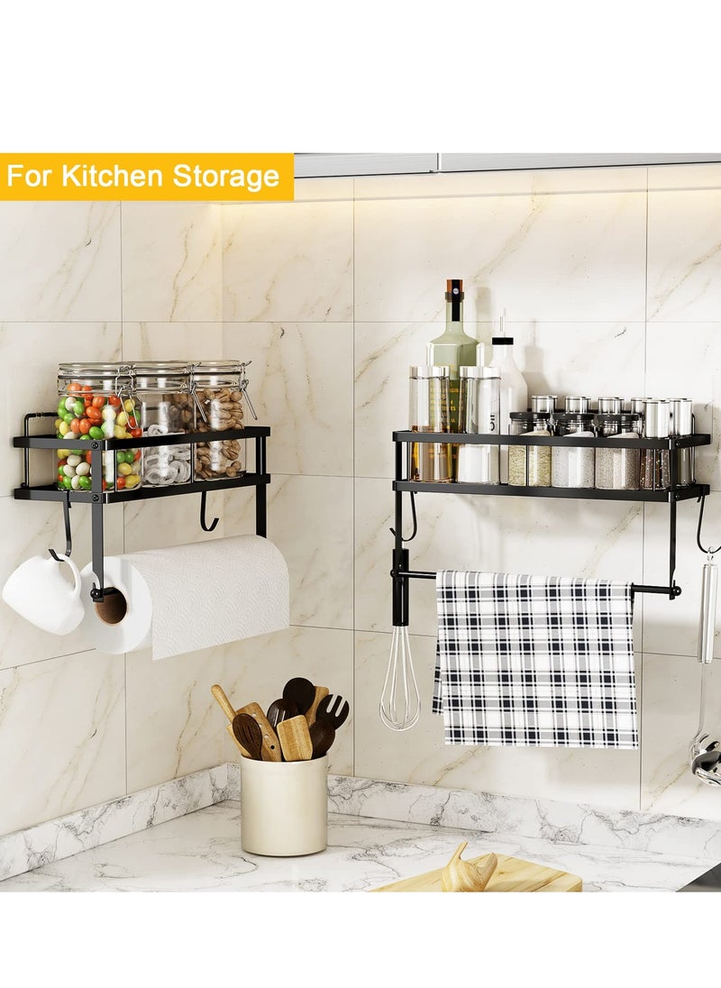 Paper Towel Holder with Shelf Storage, Adhesive Wall Mount 2-in-1 Basket Organizer for Kitchen & Bathroom, Durable Metal Wire Design, Stainless Steel 304 Matte Black Finish