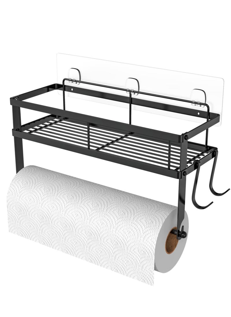 Paper Towel Holder with Shelf Storage, Adhesive Wall Mount 2-in-1 Basket Organizer for Kitchen & Bathroom, Durable Metal Wire Design, Stainless Steel 304 Matte Black Finish