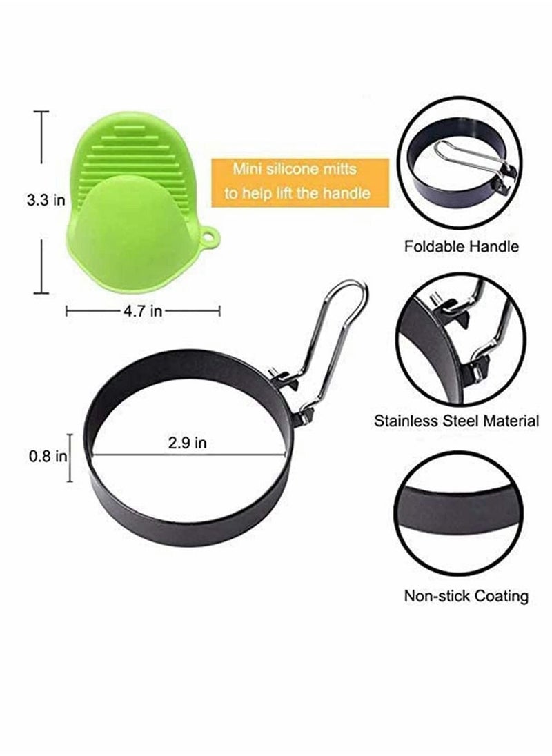 Egg Ring Mold, 4 Pack Stainless Steel Non-Stick Metal Circle Shaper Round Egg Cooker Rings Maker Set for Frying McMuffin Shaping Eggs, Sandwiches with Silicone Brush, S-shaped hook, Oven Glove