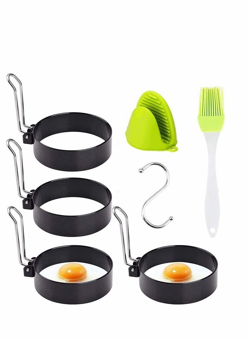 Egg Ring Mold, 4 Pack Stainless Steel Non-Stick Metal Circle Shaper Round Egg Cooker Rings Maker Set for Frying McMuffin Shaping Eggs, Sandwiches with Silicone Brush, S-shaped hook, Oven Glove