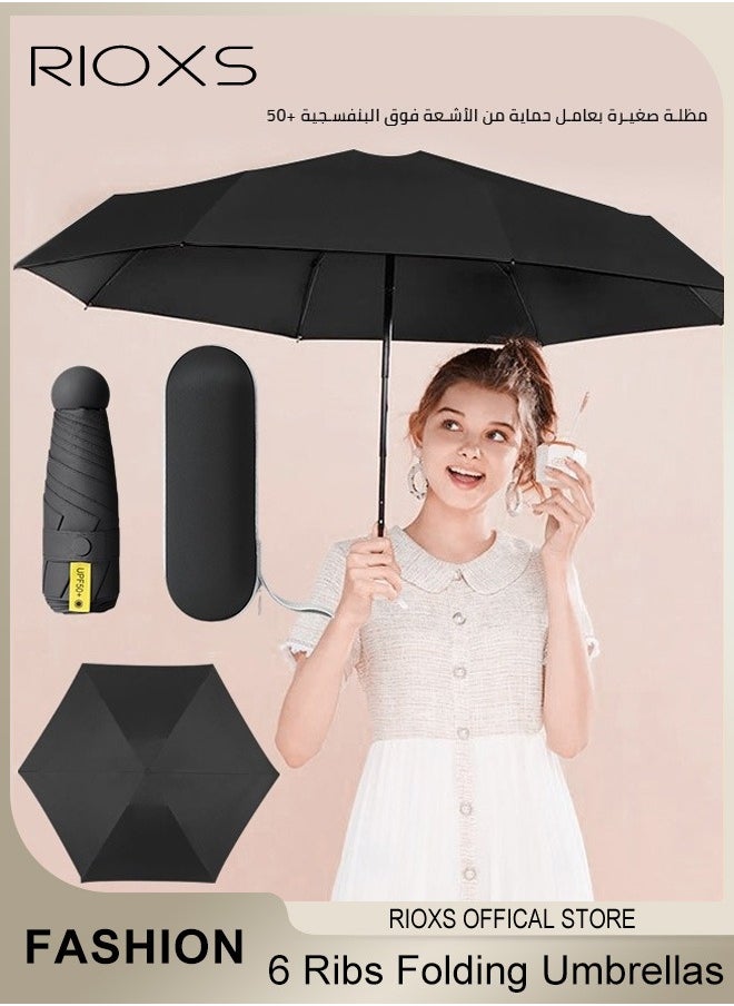 Portable Travel Umbrella with Storage Box Mini Umbrella with UPF 50+ UV Sun Protection Lightweight 6 Ribbed Compact Pocket Umbrella for Men Women Kids