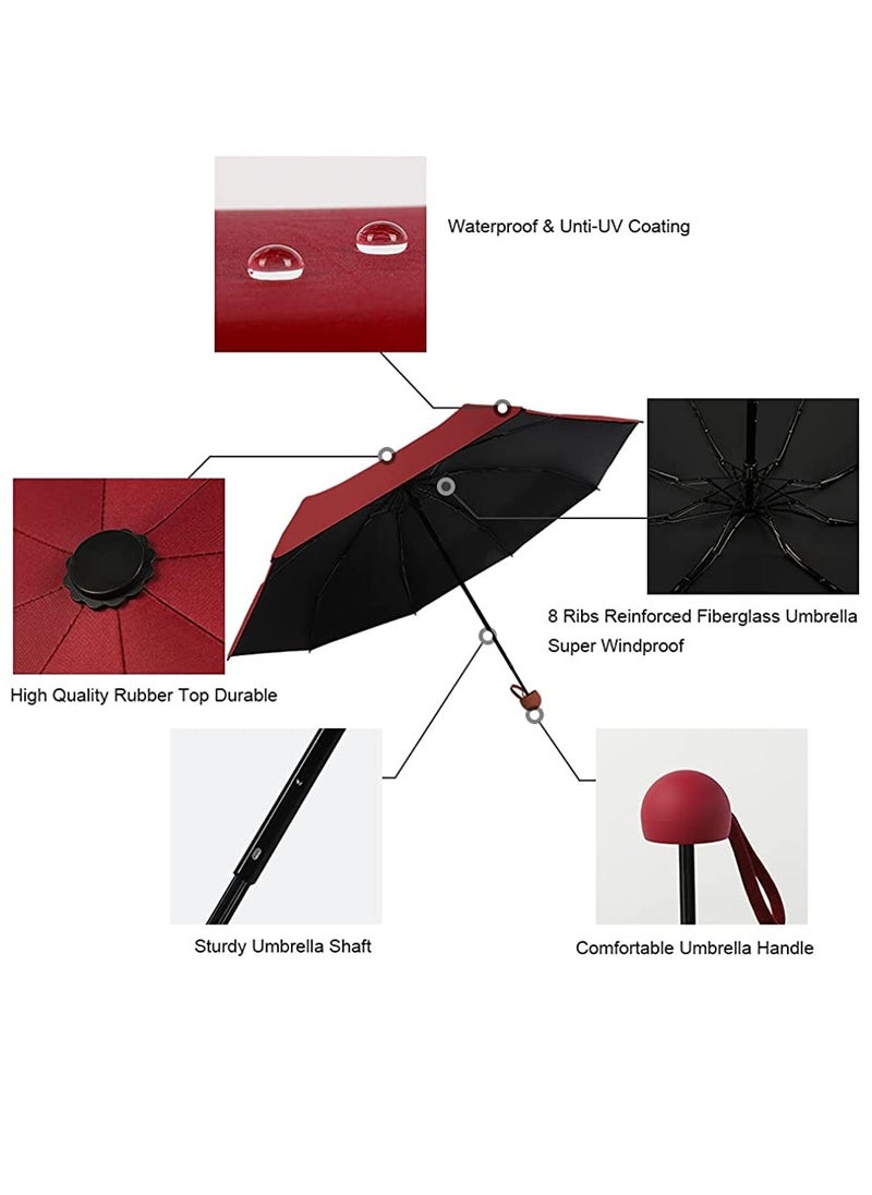 Mini Windproof Folding Travel Umbrella, Sun & Rain Umbrellas, Compact Portable for Women Men, Red