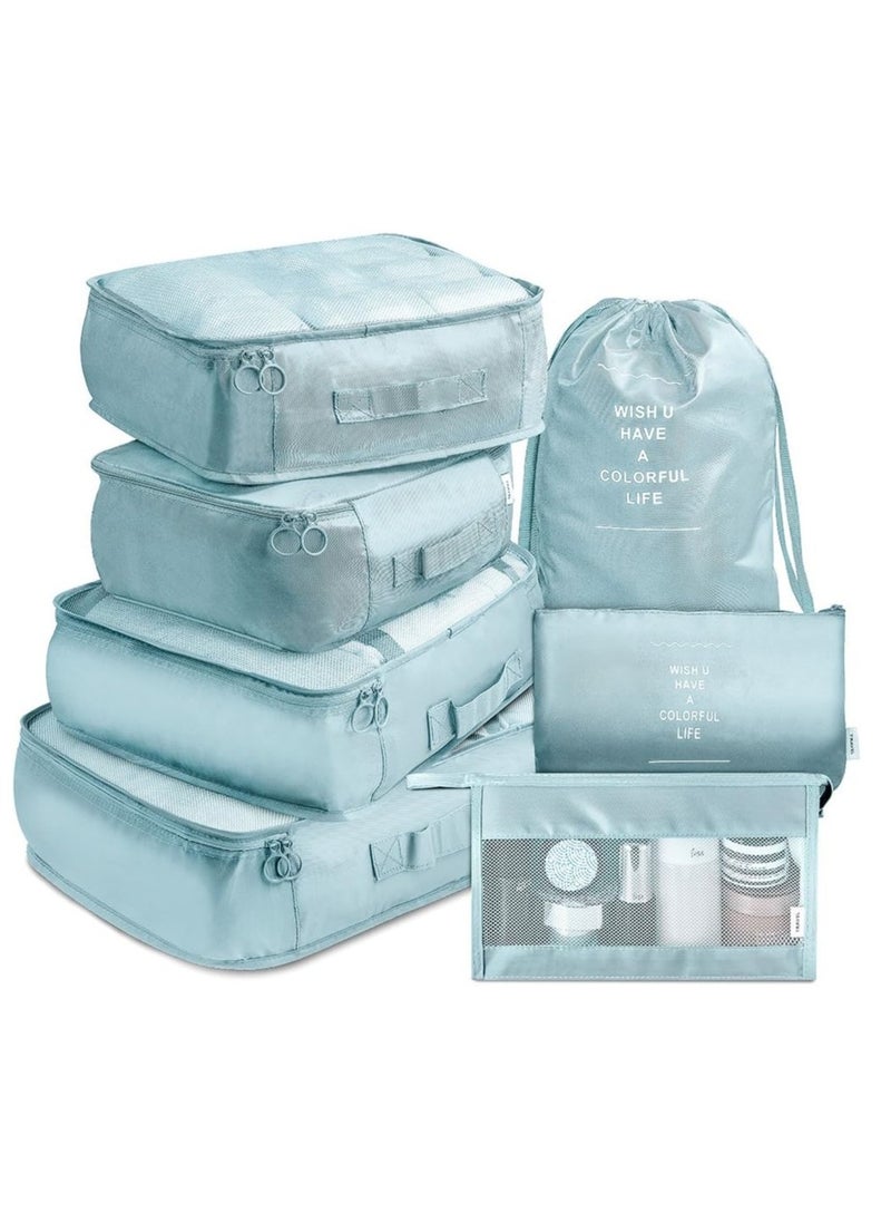 7 Set Packing Cubes for Travel, Travel Organizer for Suitcase, Luggage, Travel Bags for Carry on, Waterproof Travel Essential with Laundry Bag, Storage Clothes Bag, Pale blue