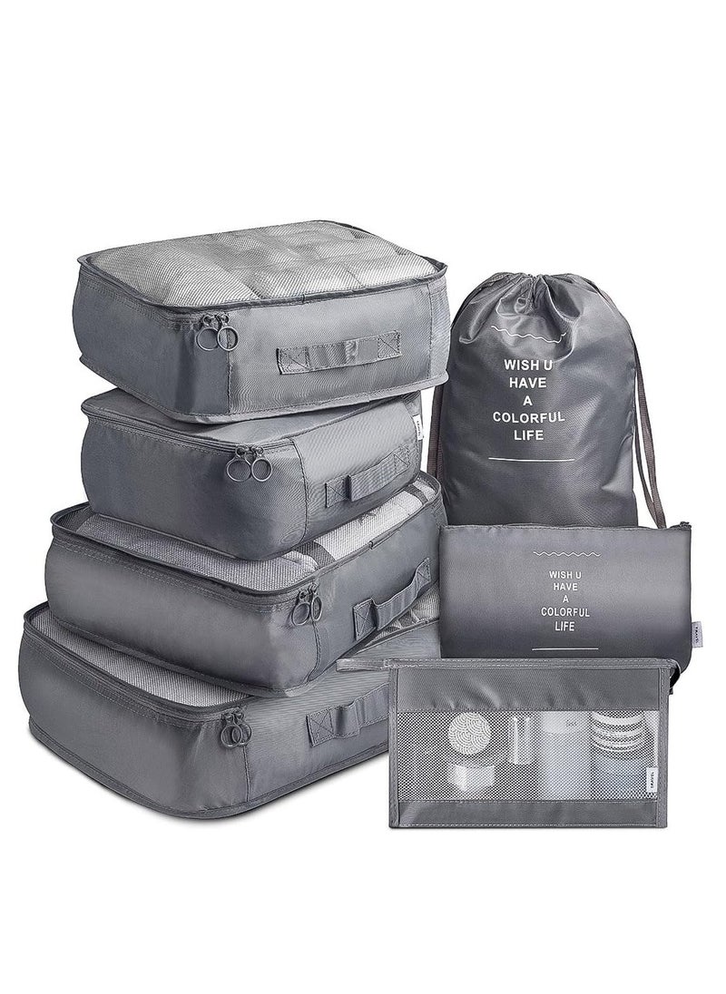 7 Set Packing Cubes for Travel, Travel Organizer for Suitcase, Luggage, Travel Bags for Carry on, Waterproof Travel Essential with Laundry Bag, Storage Clothes Bag, Grey