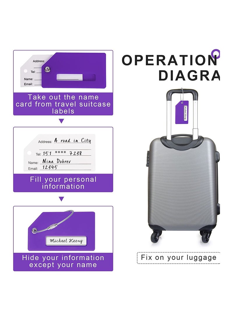 5 Pack Silicone Luggage Tags with Name ID Card, Anti-Lost Personality Tags for Easy Luggage Identification, Durable Stainless Steel Loop (Purple)