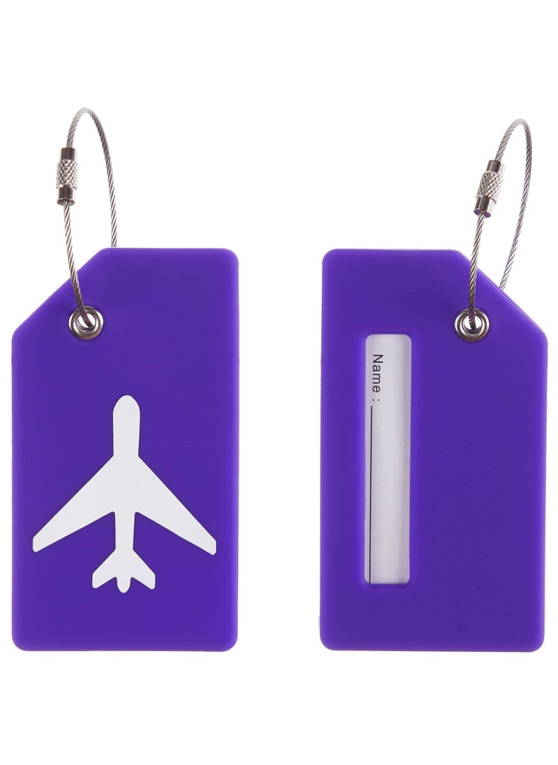 5 Pack Silicone Luggage Tags with Name ID Card, Anti-Lost Personality Tags for Easy Luggage Identification, Durable Stainless Steel Loop (Purple)