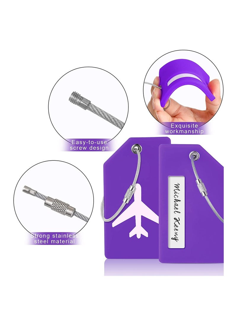 5 Pack Silicone Luggage Tags with Name ID Card, Anti-Lost Personality Tags for Easy Luggage Identification, Durable Stainless Steel Loop (Purple)