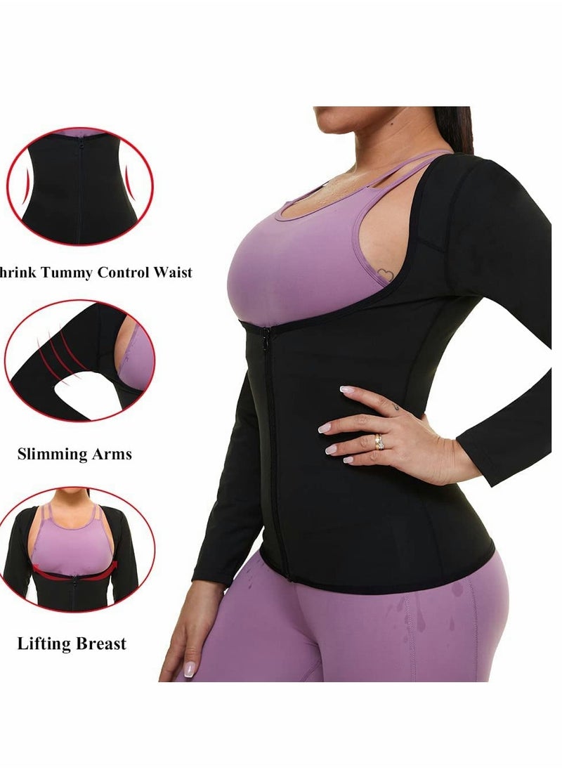 Sauna Suit for Women Sweat Body Shaper Jacket Hot Waist Trainer Long Sleeve Zipper Shirt Workout Top - L