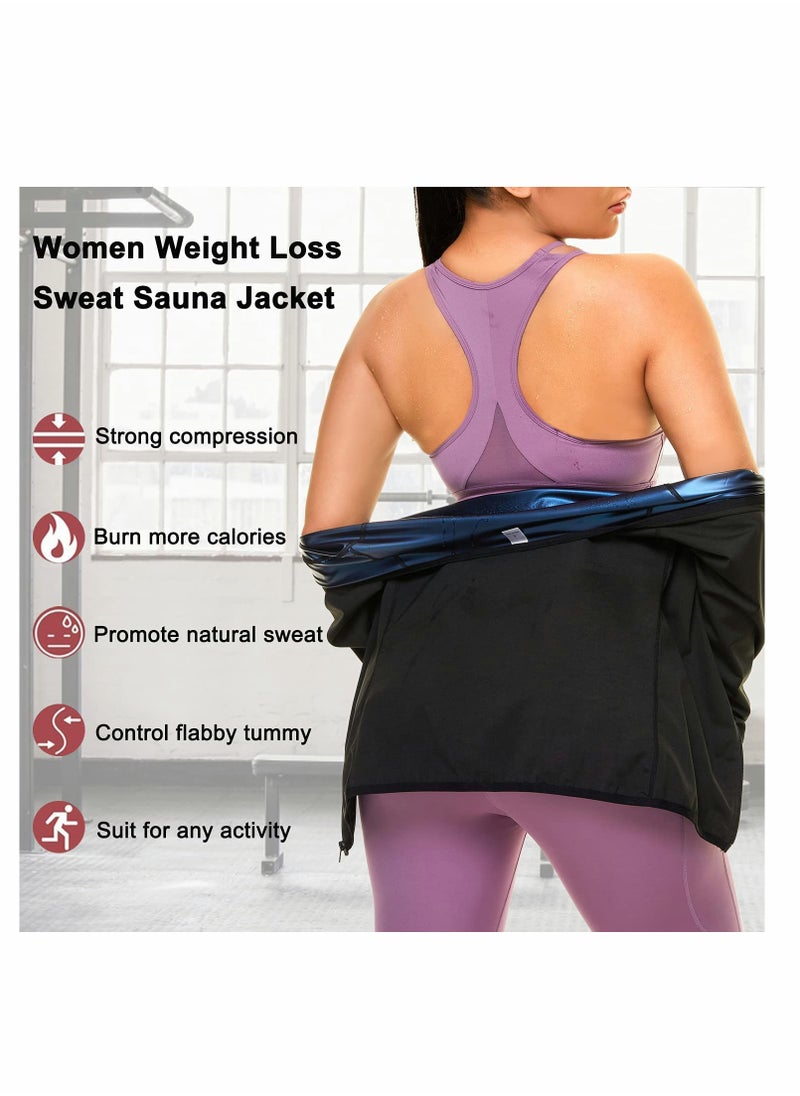 Sauna Suit for Women Sweat Body Shaper Jacket Hot Waist Trainer Long Sleeve Zipper Shirt Workout Top - L