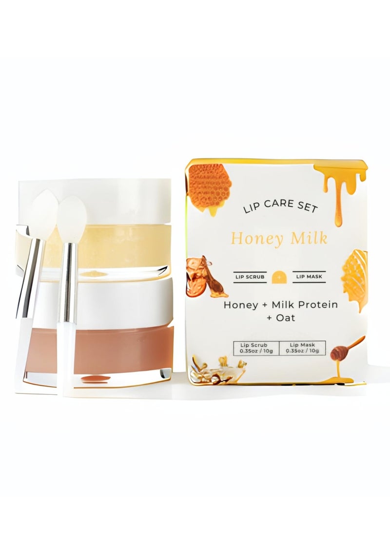 Benatu Lip Sleeping Mask & Sugar Exfoliator Scrub Set, Hydrating Overnight Plumper & Moisturizer Care Gift for Women with Silicone Applicators for Cracked & Dry Lips (Honey Milk)