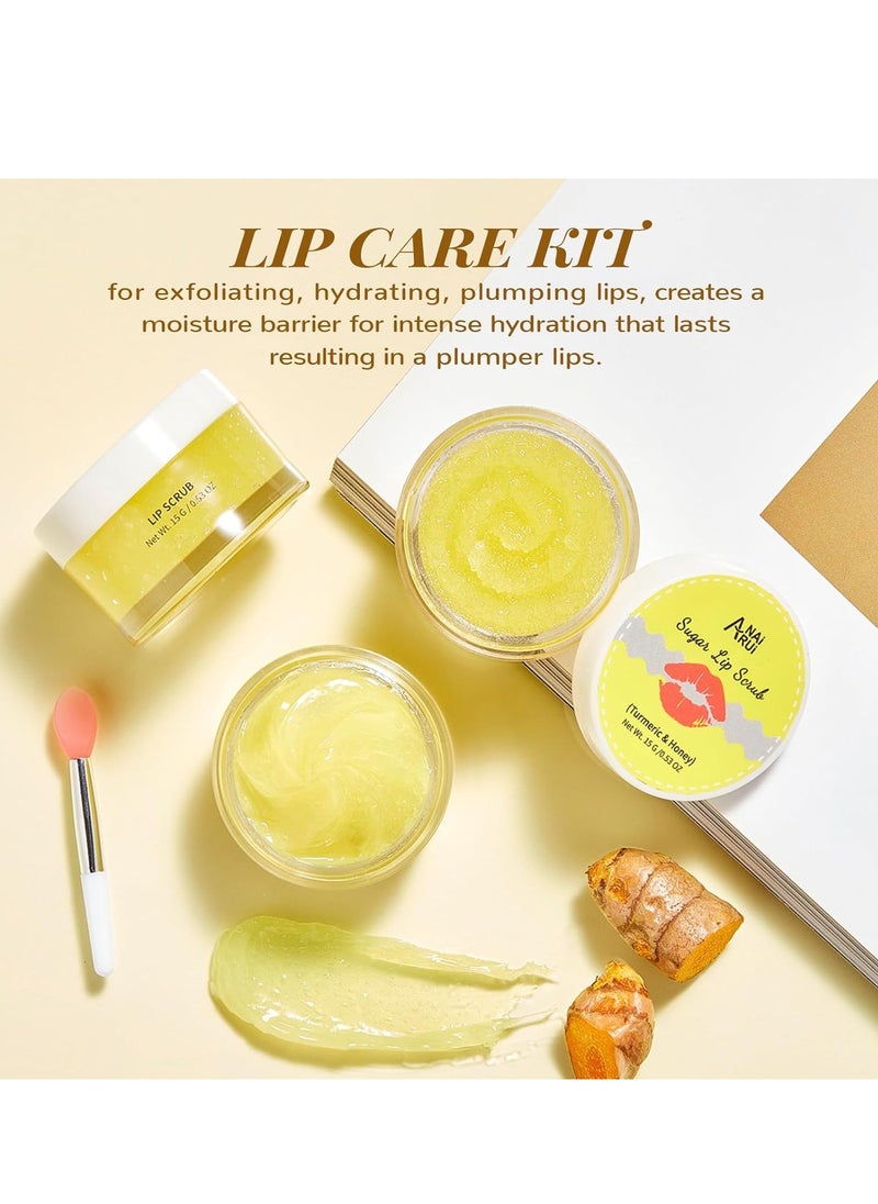 ANAI RUI Lip Care Kit - Lip Sugar Scrub Set, Lip Sleeping Mask & Lip Exfoliator Scrub - Overnight Lip Skin Treatment - Scrub & Moisturizer for Dry Chapped Cracked Peel Lips (Turmeric+Honey)