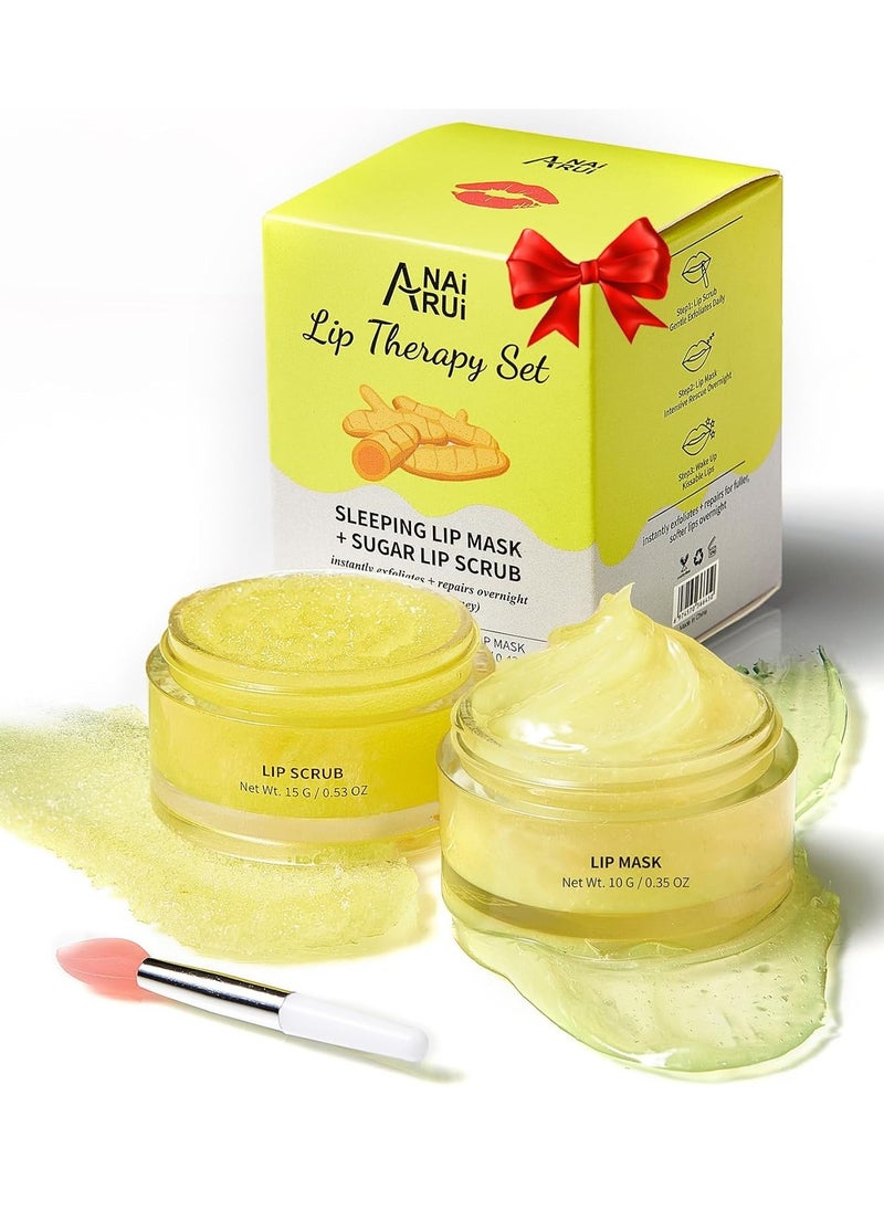 ANAI RUI Lip Care Kit - Lip Sugar Scrub Set, Lip Sleeping Mask & Lip Exfoliator Scrub - Overnight Lip Skin Treatment - Scrub & Moisturizer for Dry Chapped Cracked Peel Lips (Turmeric+Honey)