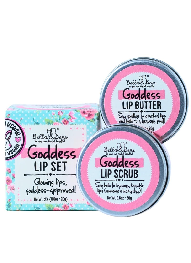 Bella & Bear Goddess Lip Scrub & Lip Butter Set – Lovely Gift for Women - Teen Girls & Tweens