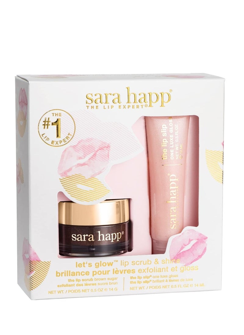 Sara Happ Let's Glow Lip Scrub & Shine Kit: Brown Sugar Lip Scrub + The Lip Slip One Luxe Gloss for Healthy Lips: Gently Exfoliate, Nourish and Hydrate Lips, 0.5 oz