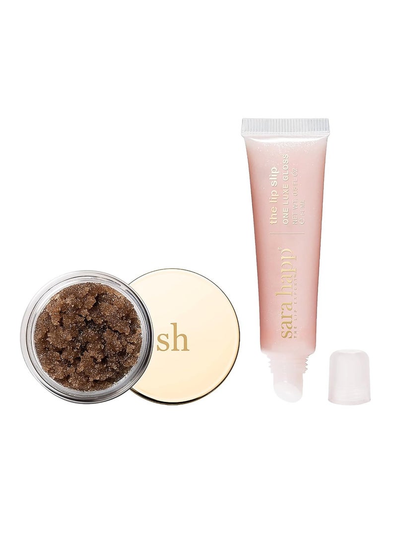 Sara Happ Let's Glow Lip Scrub & Shine Kit: Brown Sugar Lip Scrub + The Lip Slip One Luxe Gloss for Healthy Lips: Gently Exfoliate, Nourish and Hydrate Lips, 0.5 oz