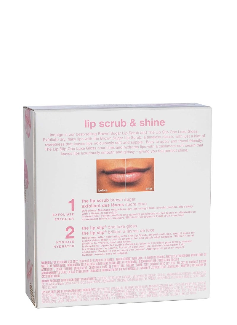 Sara Happ Let's Glow Lip Scrub & Shine Kit: Brown Sugar Lip Scrub + The Lip Slip One Luxe Gloss for Healthy Lips: Gently Exfoliate, Nourish and Hydrate Lips, 0.5 oz