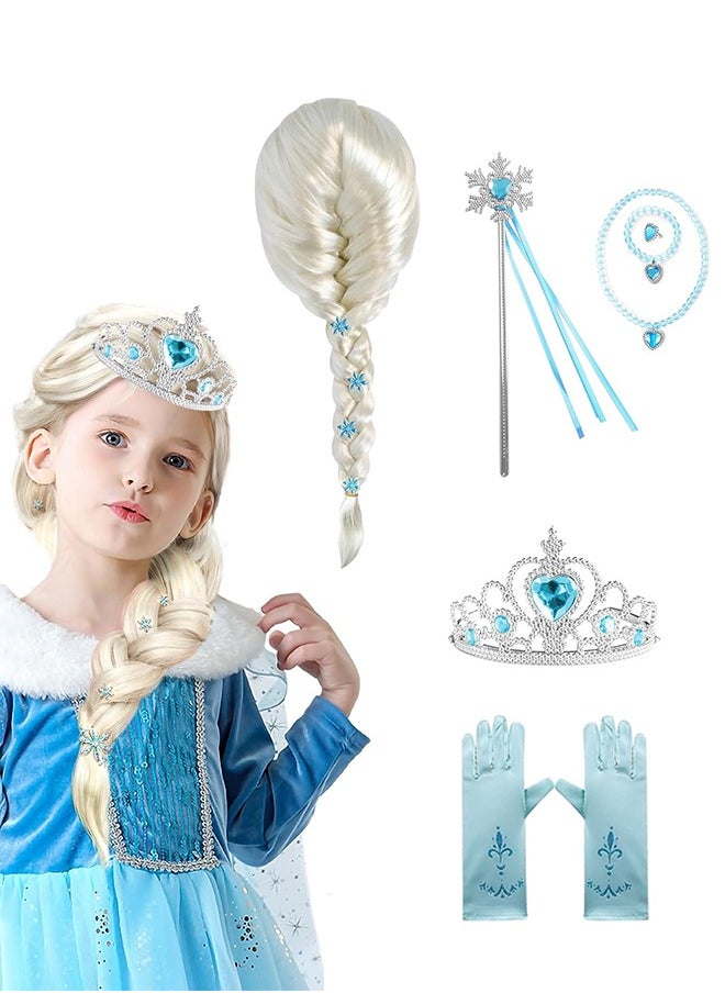 7Pcs Frozen Elsa Braid with Princess Tiara Princess Elsa Dress Up Costume Accessories