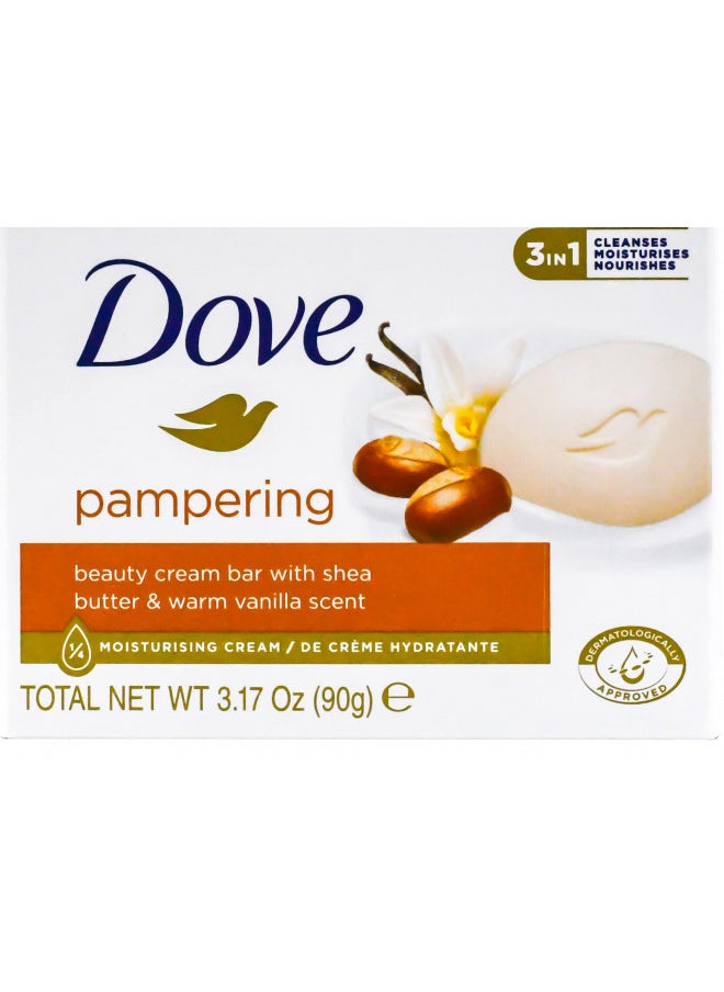 Dove, Beauty Bar Soap Variety Pack of 14, Go Fresh, Shea Butter, Coconut Milk, White, Pampering, Restoring, Exfoliating - 90g (7 Scents, 2 of Each)