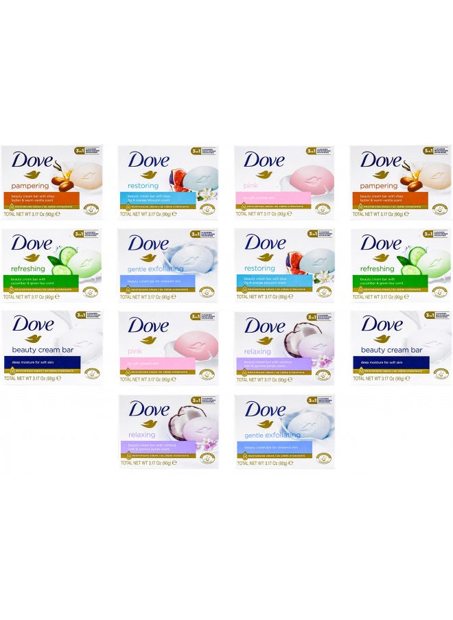 Dove, Beauty Bar Soap Variety Pack of 14, Go Fresh, Shea Butter, Coconut Milk, White, Pampering, Restoring, Exfoliating - 90g (7 Scents, 2 of Each)