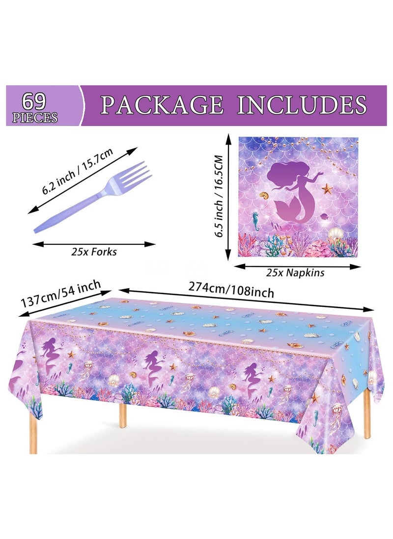 Mermaid Birthday Party Supplies Set, 69 Pcs Tableware for 16 Guests, Themed Plates, Napkins & Forks, Perfect for Kids' Little Mermaid Parties & Baby Showers