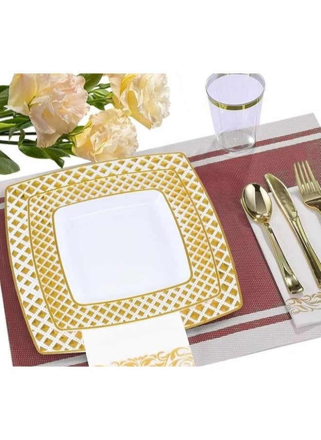 EOPTIFY Disposable Dinnerware Set, 25 Guest Fancy Disposable Tableware Set, 200 pcs Paper Dinner Set, Disposable Cutlery Set for Birthday Party and Anniversary, Reuseable Kitchen Set (White and Gold)