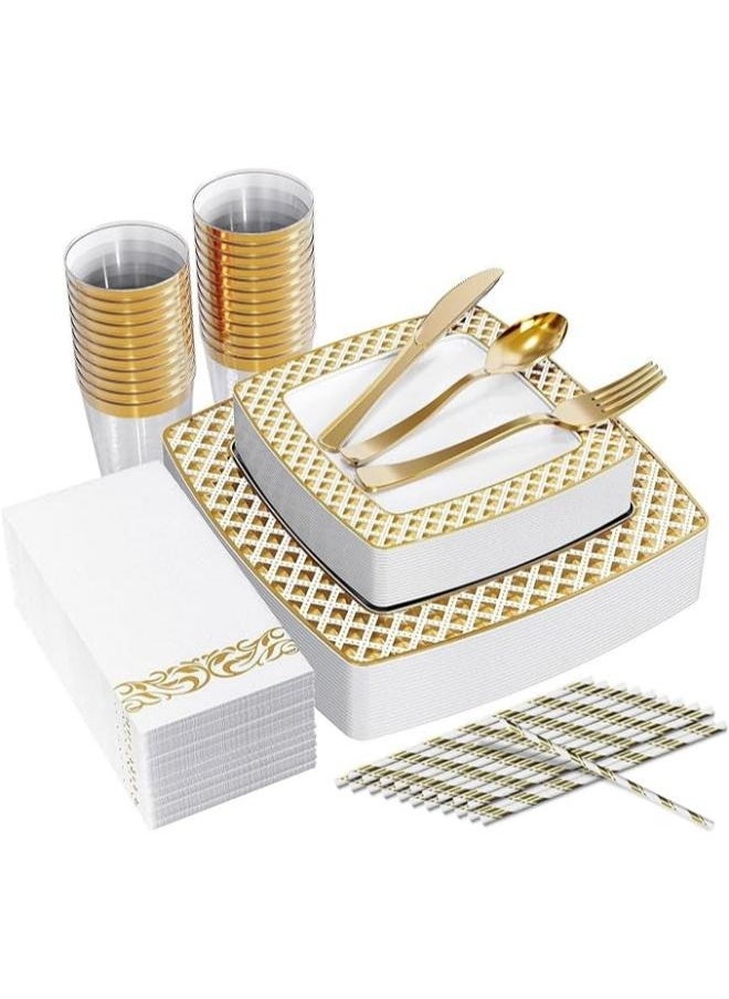 EOPTIFY Disposable Dinnerware Set, 25 Guest Fancy Disposable Tableware Set, 200 pcs Paper Dinner Set, Disposable Cutlery Set for Birthday Party and Anniversary, Reuseable Kitchen Set (White and Gold)