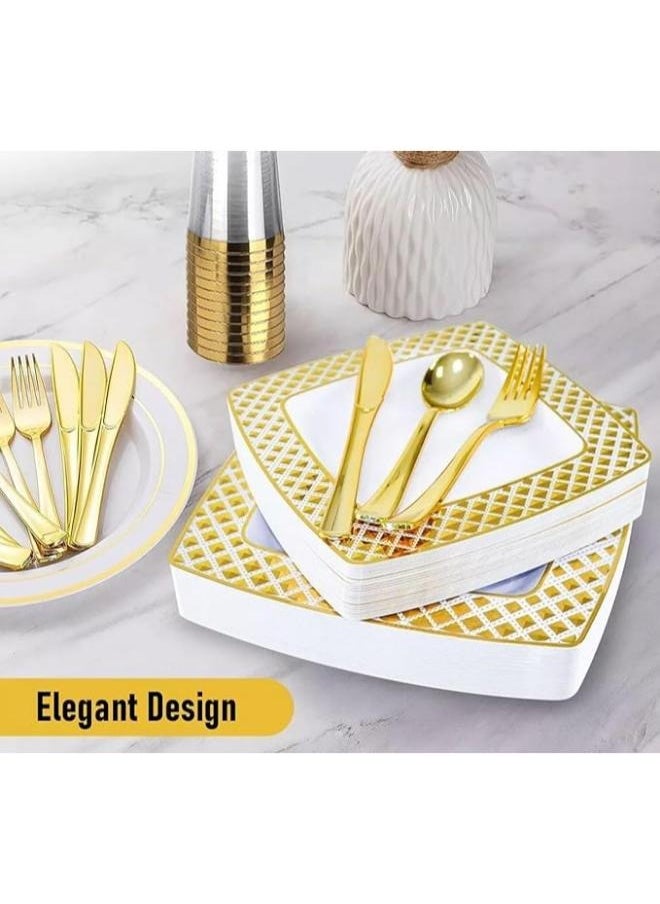 EOPTIFY Disposable Dinnerware Set, 25 Guest Fancy Disposable Tableware Set, 200 pcs Paper Dinner Set, Disposable Cutlery Set for Birthday Party and Anniversary, Reuseable Kitchen Set (White and Gold)