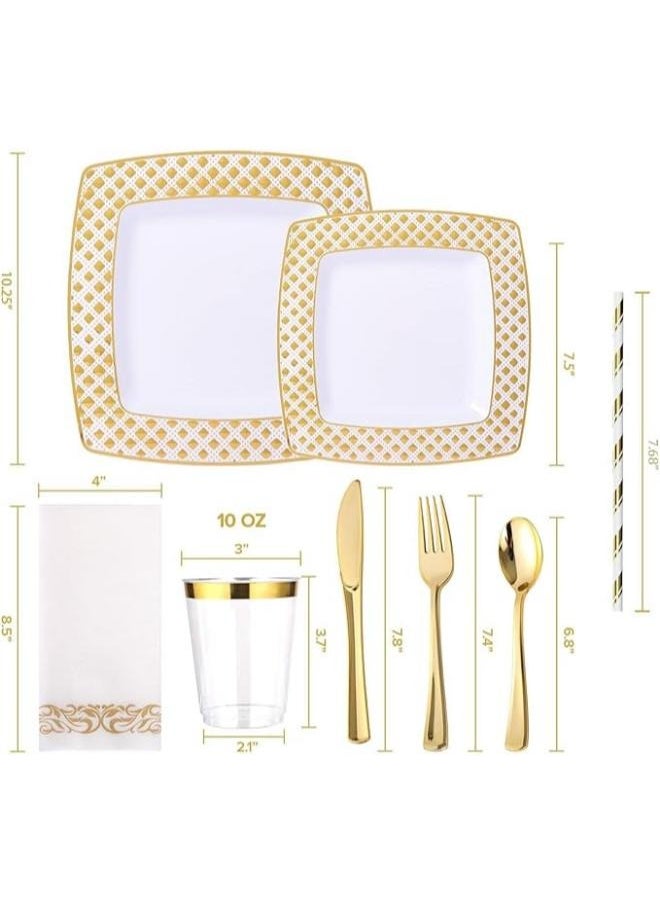 EOPTIFY Disposable Dinnerware Set, 25 Guest Fancy Disposable Tableware Set, 200 pcs Paper Dinner Set, Disposable Cutlery Set for Birthday Party and Anniversary, Reuseable Kitchen Set (White and Gold)