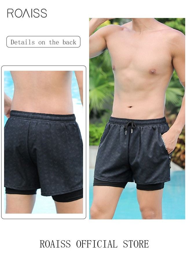 Men's Swimming Trunks Beachwear Quick Dry Gym Wear Beach Pants Fitness Shorts Fitness Workout Short Sports Running Shorts with Inner Compression Black