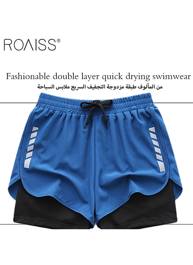 Men'S Double Layer Swimming Trunks Casual Loose Fitting Shorts With Elastic Waist Design And Drawstring Buckle Closure Double Layered Design Protects Privacy