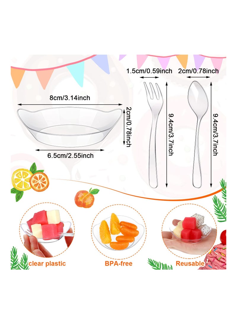 100 Pack Mini Appetizer Plates, Clear Mini Dessert Plates, Small Disposable Plastic Plates Set, 100 Pack Appetizer Forks, Mini Plastic Forks, 100 Plastic Spoons, for Wedding Party Dishes