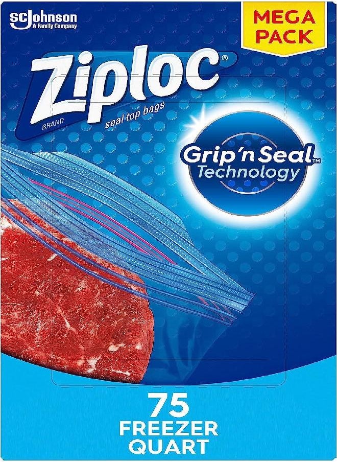 Ziploc Quart Food Storage Freezer Bags, Grip 'n Seal Technology for Easier Grip, Open, and Close, 75 Count